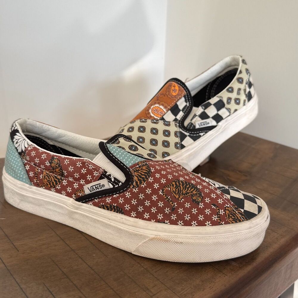 Vans Patchwork Slip On Sneakers Womens 6.5 Checkerboard Floral Tiger Streetwear